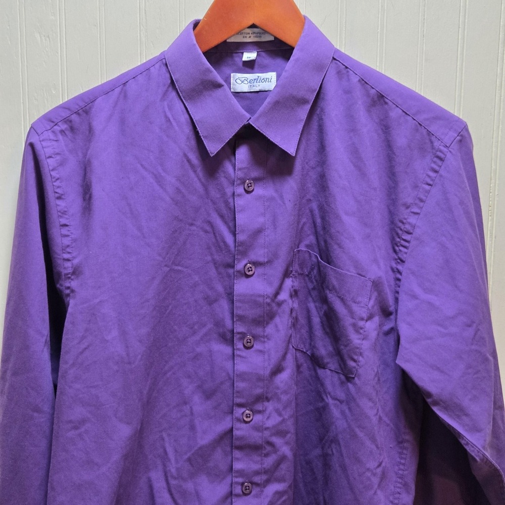 Berlioni Dress Shirt Mens 18 Purple Solid Long Sleeve‎ Regular Fit Button Front